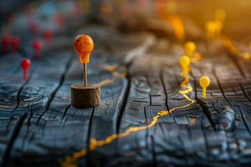 A wooden map with push pins marking a route, suggesting a journey or a plan.  A golden path symbolizes progress.