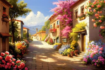 Obraz premium Picturesque Village Street. Colorful Landscape Art.