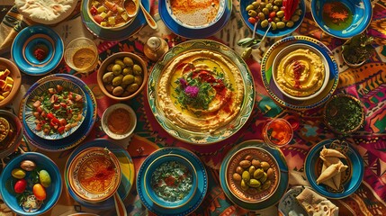 A vibrant spread of mezze dishes