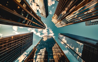 Dramatic upward perspective of towering skyscrapers