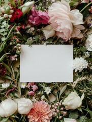 A blank white card surrounded by vibrant summer flowers in white, orange and black autumn colors. Copy space, greeting card for text. Shallow depth of field