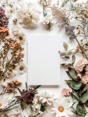 A blank white card surrounded by vibrant summer flowers in white, orange and black autumn colors. Copy space, greeting card for text. Shallow depth of field