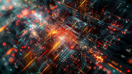 Fototapeta premium An intricate, dynamic, abstract visualization of big data processing, featuring massive information streams, complex graphs, and digital interfaces. Generative AI