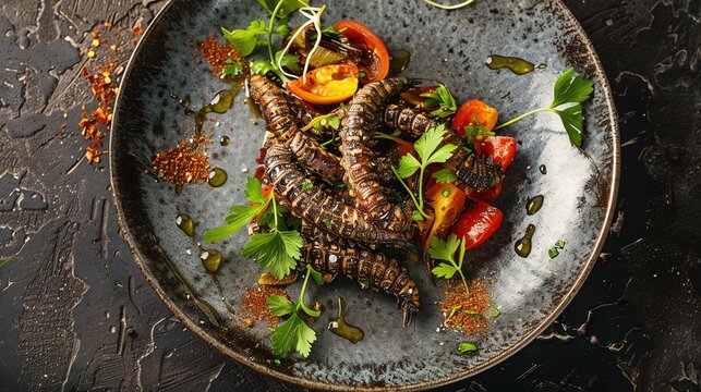 A visually stunning plate of Botswana mopane worms with spicy seasoning, served with pap and vegetables, on a rustic plate, bright daylight