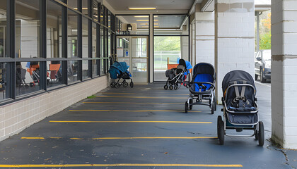 parking area arranged for strollers, showing the comfort and accessibility for parents arriving with strollers