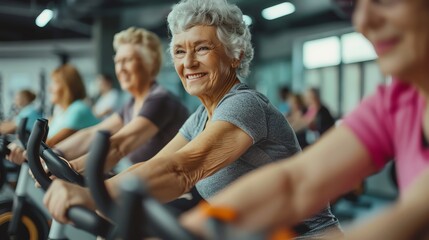 Smiling seniors on stationary bikes in a gym, group exercise, promoting fitness and healthy lifestyle, detailed realism