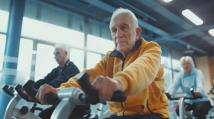 Seniors working out on stationary bikes in a bright gym, promoting fitness and healthy lifestyle, modern environment, detailed realism
