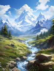 Fototapeta premium Craft a captivating CG 3D scene with subdued diamond shapes blending into a vibrant summer mountain view at eye level