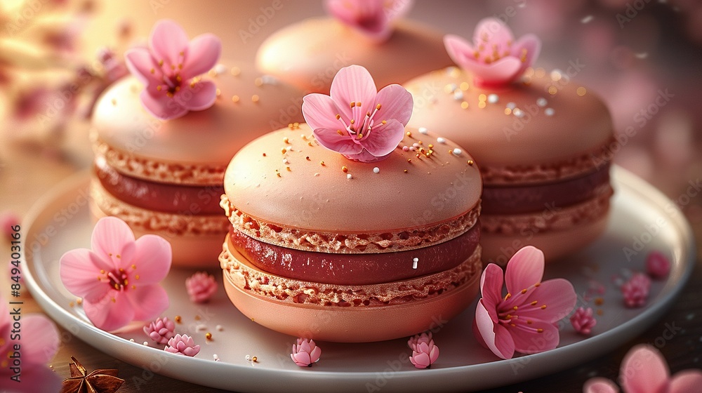 Wall mural  White plate with pink frosted macaroons and sprinkled flowers