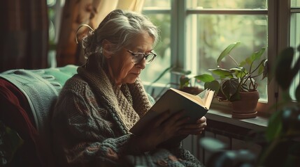 Senior woman in a cozy cardigan, reading by the window, wearing glasses, enjoying a quiet moment indoors, detailed and realistic scene