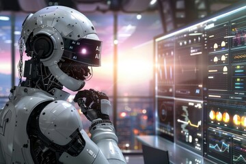 Fototapeta premium AI robot interacting with data interfaces in a high tech environment, showcasing machine learning capabilities