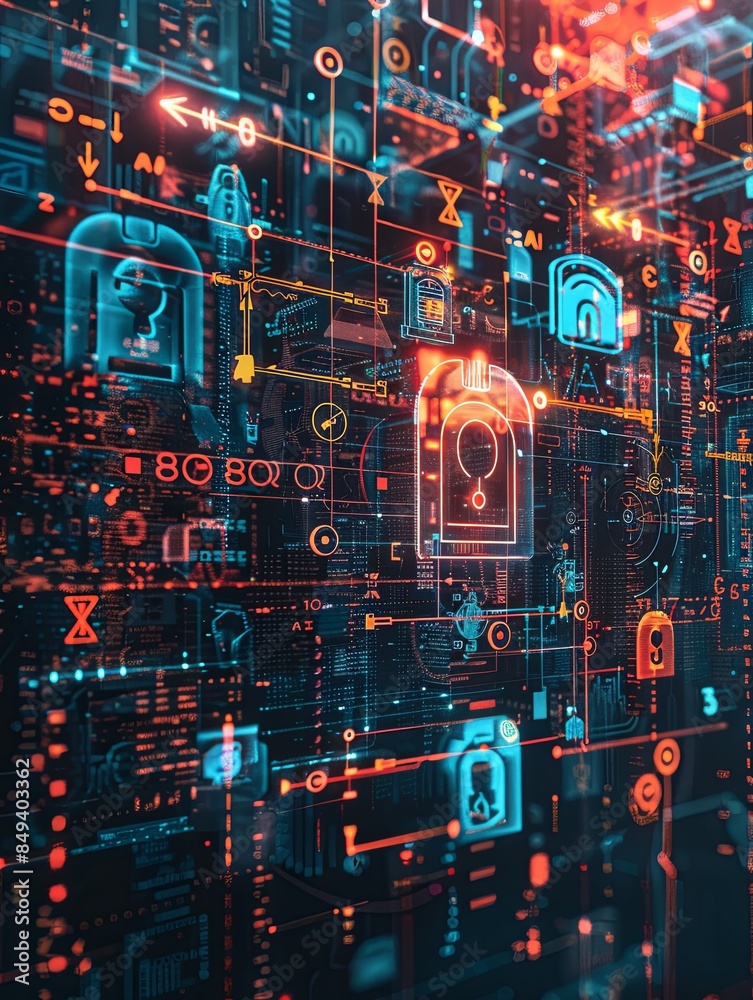Poster Abstract depiction of cybersecurity elements, including digital locks, shields, and network nodes, protected by AI algorithms, creating a futuristic and sophisticated visual. Generative AI