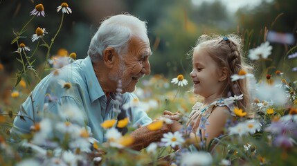 Fototapeta premium Happy elderly man with granddaughter surrounded by flowers in a garden, bonding, love, family moments in nature, detailed realism