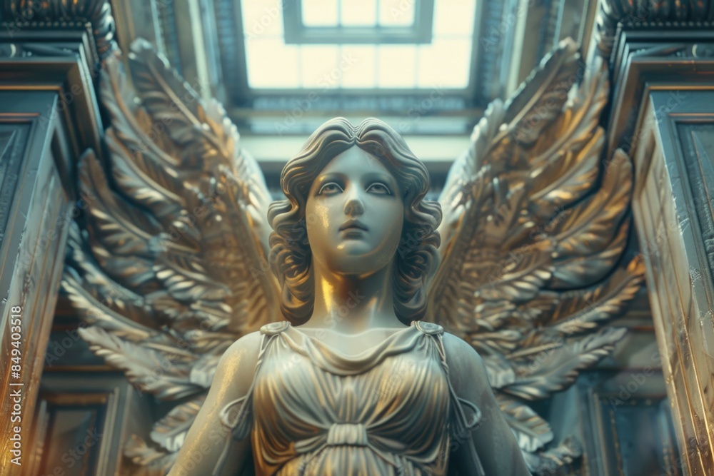 Poster a statue of an angel inside a building, suitable for use in decorative or architectural contexts