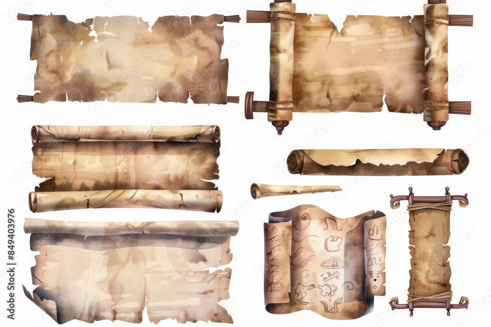 Leinwandbilder A stack of vintage paper scrolls with intricate designs and handwritten text, suitable for use in historical or educational settings