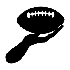 A silhouette of an American football with a hand holding it