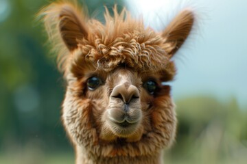 Close-up of an alpaca's face, looking directly at the camera