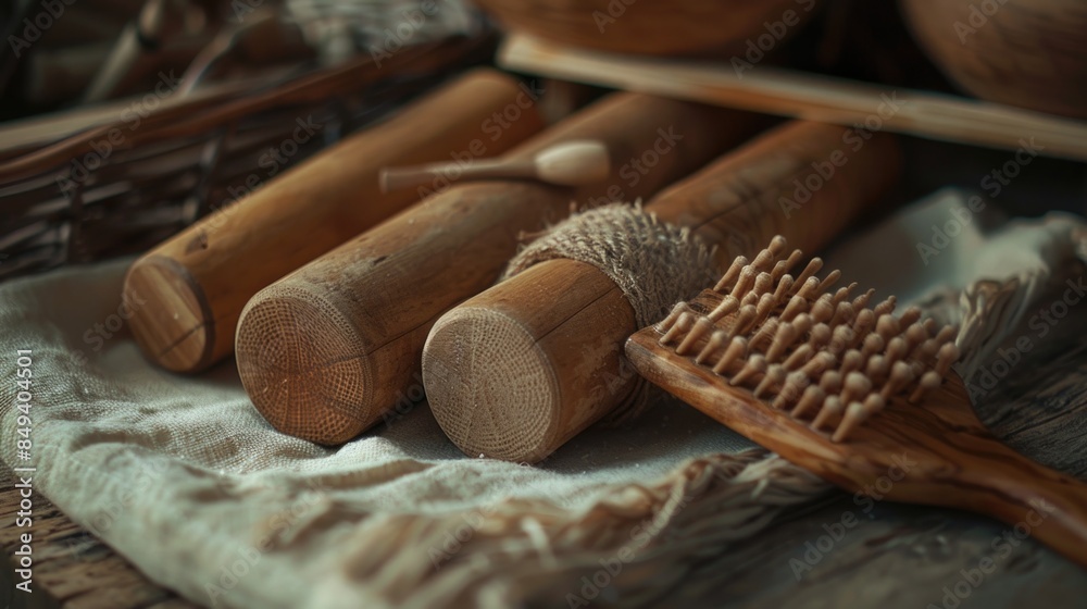 Poster a collection of wooden brushes resting on a table, ideal for use in still life photography or as a p