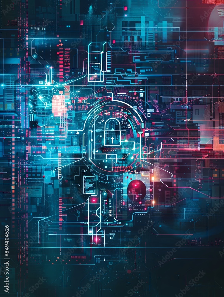 Poster futuristic cybersecurity network with ai algorithms, digital locks, shields, and network nodes creat