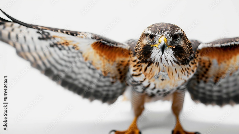 Sticker   A close-up of a bird of prey with its wings spread and eyes wide open against a white backdrop