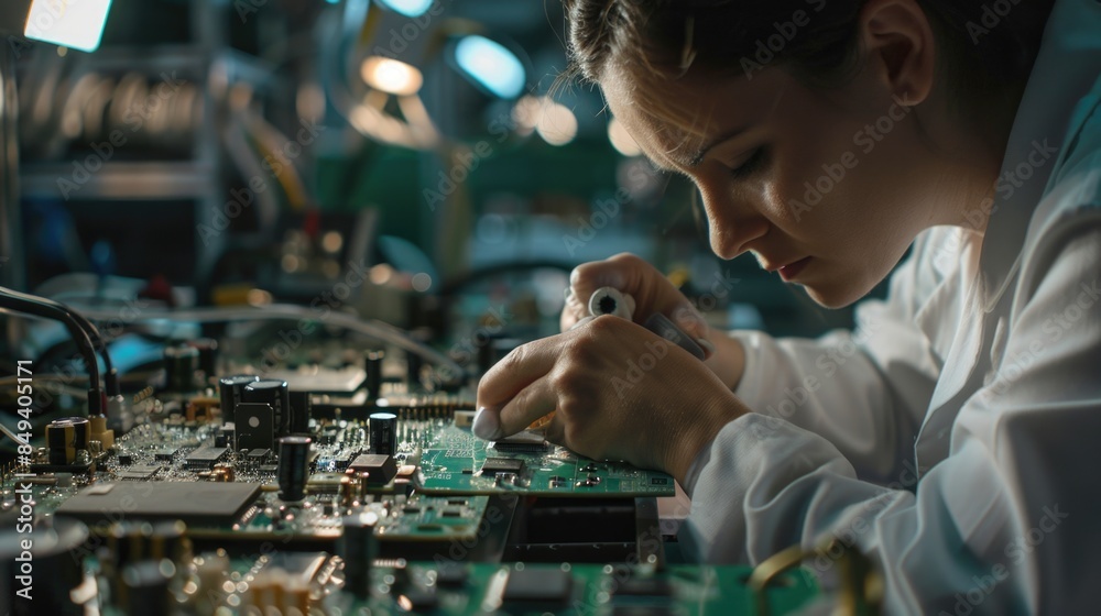 Poster A person in a lab coat is focusing on assembling electronic components