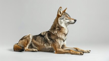 Fototapeta premium A close-up photo of a dog resting on a white background, surrounded by a gray background