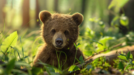 Fototapeta premium A well-framed image of a majestic brown bear perched amidst a lush forest landscape, with verdant foliage and towering blades of grass surrounding it and gaz