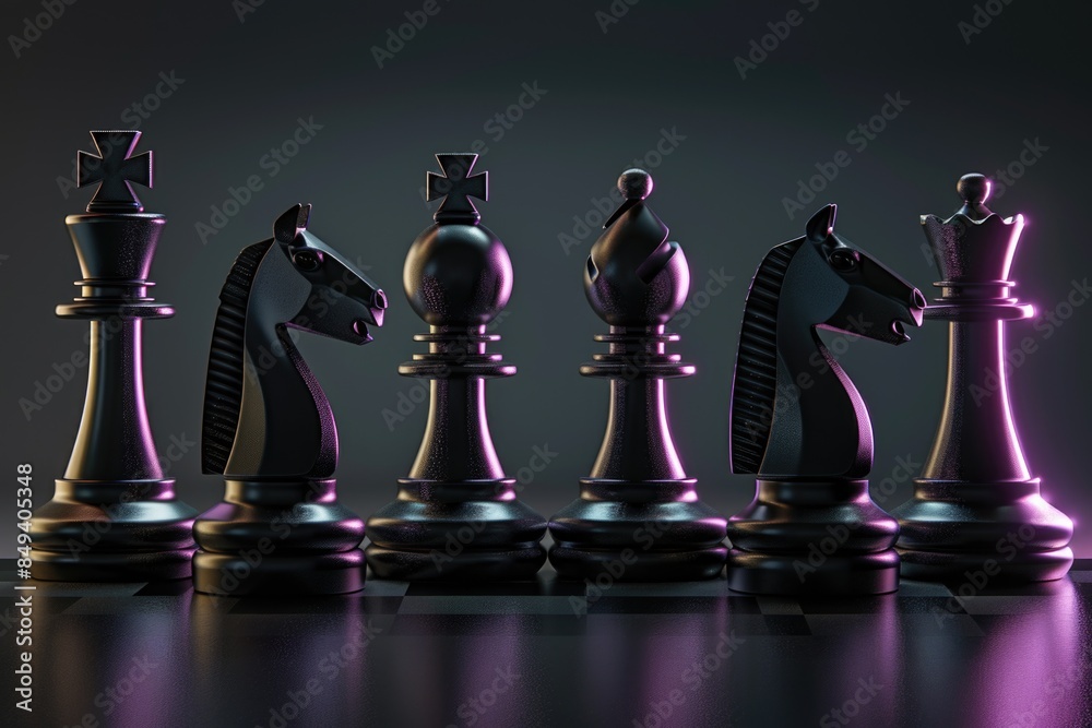 Poster A collection of chess pieces arranged on a table, offering various options for game scenarios and strategic planning