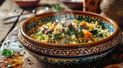 An inviting scene of Algerian couscous with lamb and vegetables, served in a large, colorful...