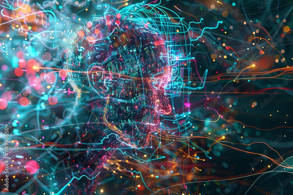 Poster An abstract visualization depicting massive information streams, complex graphs, and digital interfaces representing AI data processing. Generative AI