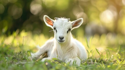 Fototapeta premium A goat rests on grass in a green field