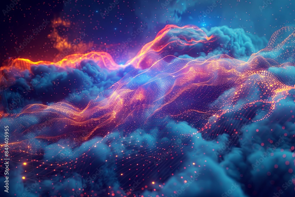 Fototapete an abstract visualization of cloud computing, featuring digital elements representing data processin