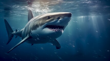 Fototapeta premium Huge shark hunting in the ocean close-up. Shark near the boat