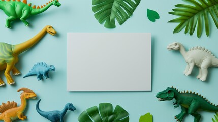White blank invitation card for a children's party with empty space on a green background surrounded by various dinosaur figures
