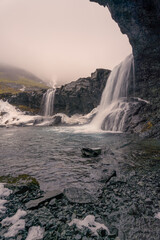 Þorgeirsstaðaá river creates the beautiful Skútafoss or small cave  waterfall. There are 3 waterfalls in this river in the valley; Innstifoss, Skútafoss, and Fremstifoss waterfalls