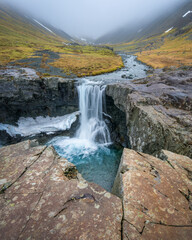 Þorgeirsstaðaá river creates the beautiful Skútafoss or small cave  waterfall. There are 3 waterfalls in this river in the valley; Innstifoss, Skútafoss, and Fremstifoss waterfalls