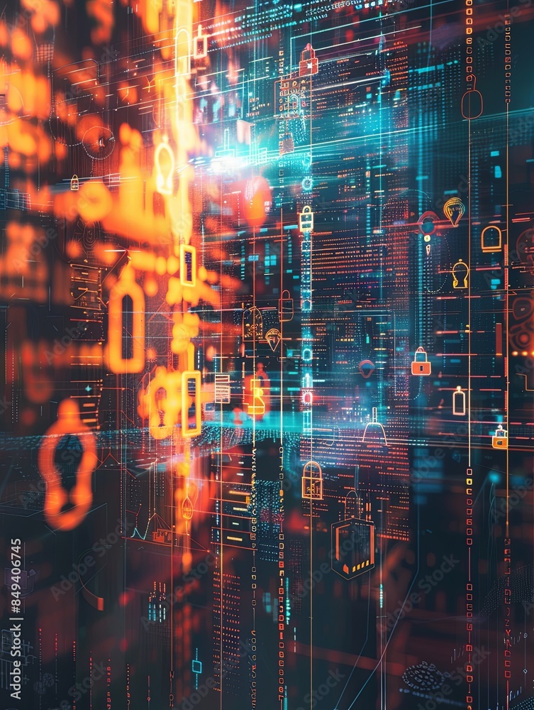 Poster abstract depiction of a cybersecurity network protected by ai algorithms, featuring digital locks an