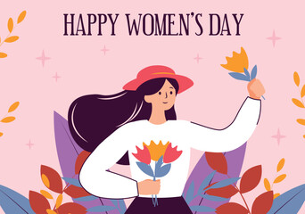 Happy Women's Day postcard concept in flat cartoon design. On this lovely card, a happy girl in a hat is holding a bouquet of flowers and wishing everyone a happy women's day. Vector illustration.