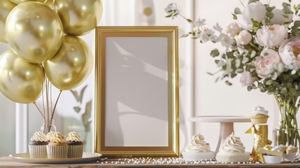gold picture frame with decorations. Mock up for your photo or text Place your work, print art,shabby style, white background, paper ball, toy, pastel color book, copy space