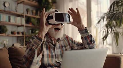 Happy elderly man using VR headset and laptop in a bright room, enjoying virtual reality, laughing and amazed, detailed and realistic scene