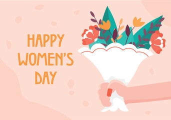 Happy Women's Day postcard concept in flat cartoon design. A woman's hand holds a bouquet of flowers on this beautiful greeting card, which is designed in a modern style. Vector illustration.