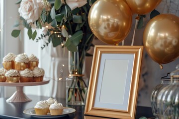 gold picture frame with decorations. Mock up for your photo or text Place your work, print art,shabby style, white background, paper ball, toy, pastel color book, copy space