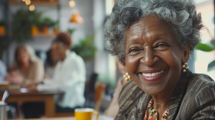 Obraz premium Happy elderly woman collaborating in a creative office, diverse team, smiling, emphasis on teamwork and inclusivity, realistic details