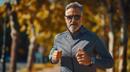 Mature man wearing sunglasses and smartwatch, running outdoors in a park, active and healthy lifestyle, detailed realism
