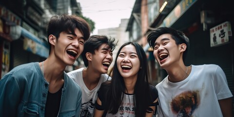 Obraz premium Teenagers in China laugh in the street with their mouths turned up, use filter photography, photo grade, 16k, HDR --ar 2:1 --v 5.2 Job ID: 1232d480-3db1-49b0-b0a4-35e4bbdf108a