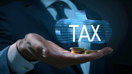 Man's hand in suit, Hologram - TAX.
