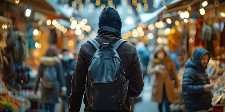 Robber flees through bustling market with stolen jewels. Concept Crime, Theft, Pursuit, Market, Stolen Jewels