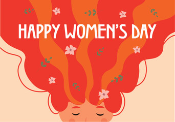 Happy Women's Day postcard concept in flat cartoon design. This beautiful and gentle illustration features greetings on a background of a floral red girl's hair. Vector illustration.