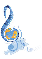 Abstract musical design with a treble clef and Planet Earth, colorful splashes, notes and waves.  Planet music. Hand drawn vector illustration.