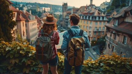 Couple standing at the top of a hill with scenic view, great for adventure or travel concept